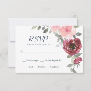 Pink Burgundy Flowers Greenery Watercolor Wedding  RSVP Card
