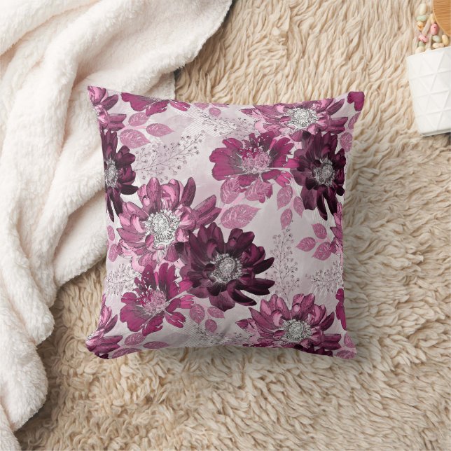 Pink, burgundy flowers on dusty pink cushion (Blanket)