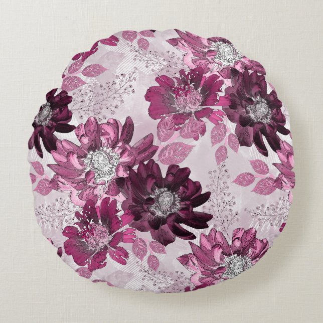 Pink, burgundy flowers on dusty pink round cushion (Front)