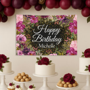Pink Burgundy Gold Glitter Black Happy Birthday  Banner