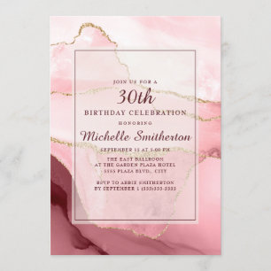 Pink Burgundy Gold Marble Agate 30th Birthday Invitation