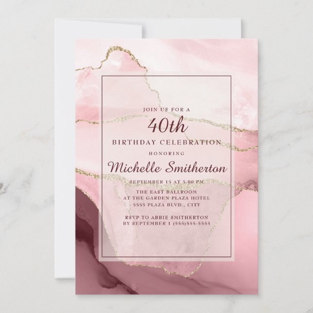 Pink Burgundy Gold Marble Agate 40th Birthday Invitation (Front)