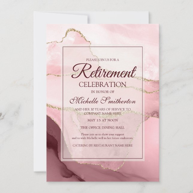 Pink Burgundy Gold Marble Agate Retirement Party Invitation (Front)