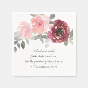 Pink Burgundy Grey Floral Bible Verse Wedding Napkin