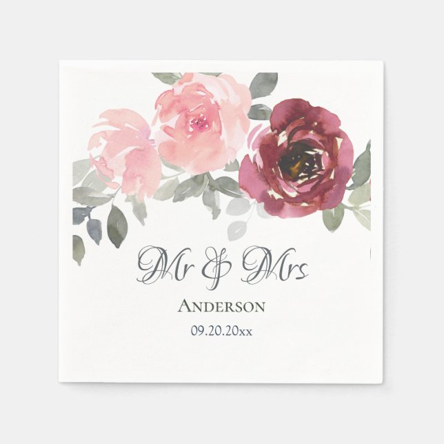 Pink Burgundy Grey Floral Mr & Mrs Wedding Napkin (Front)