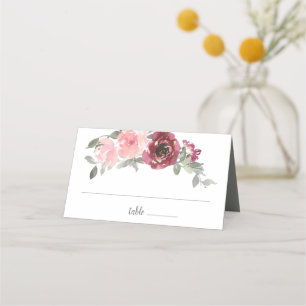 Pink Burgundy Grey Floral Watercolor Wedding Place Card