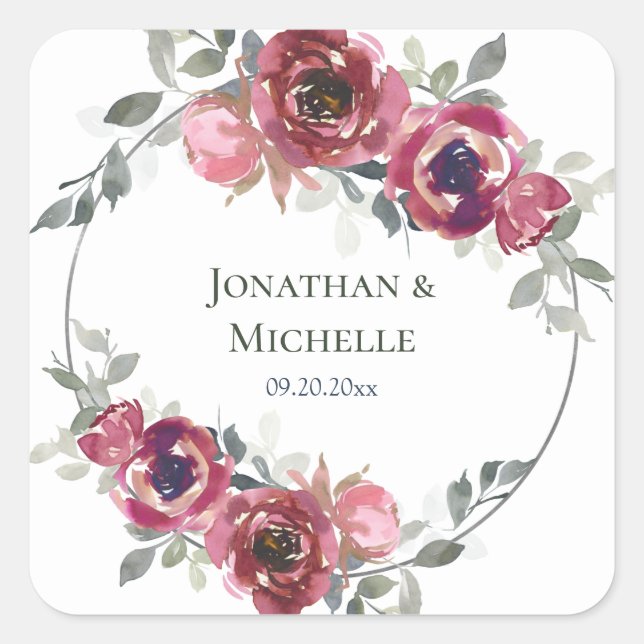 Pink Burgundy Grey Floral Watercolor Wedding Square Sticker (Front)