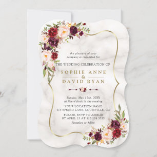 Pink Burgundy Marsala Floral Gold Marble Wedding Invitation
