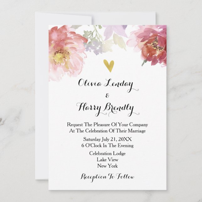 Pink & Burgundy Marsala Floral Wedding Invitation (Front)