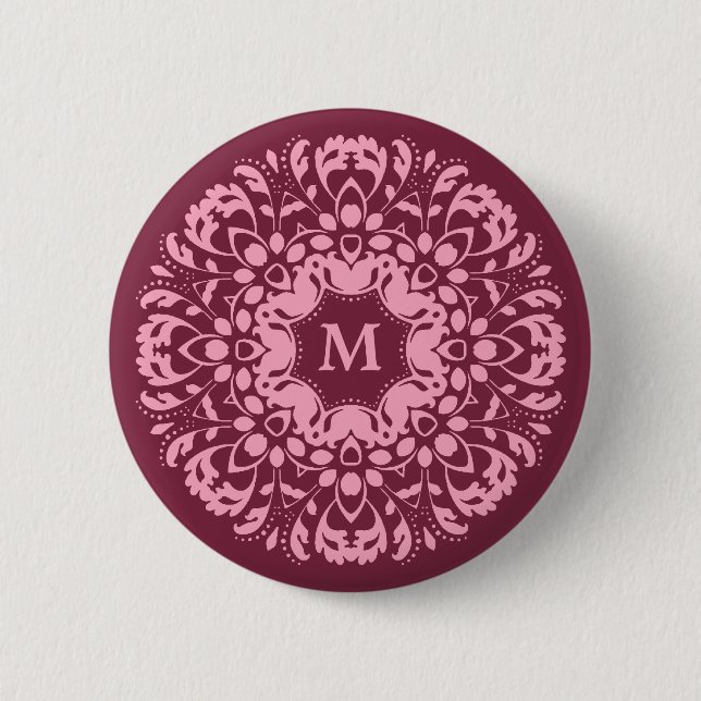Pink burgundy monogram 6 cm round badge (Front)