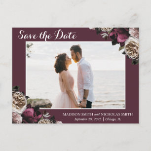 Pink Burgundy Moody Floral Save The Date Postcard