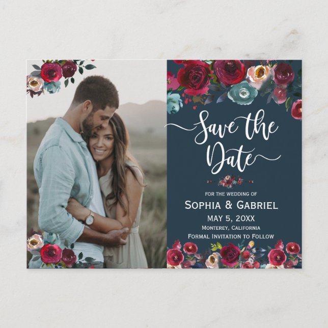 Pink Burgundy Navy Floral Save the Date Photo Announcement Postcard (Front)