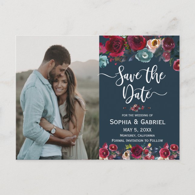 Pink Burgundy Navy Floral Save the Date Photo Announcement Postcard (Front)