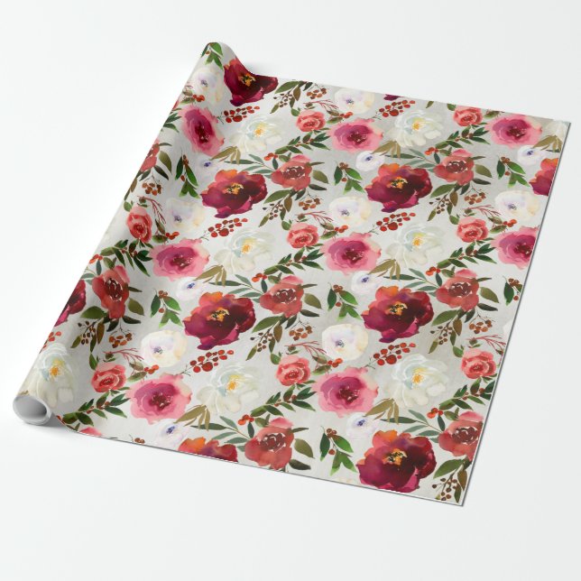 Pink Burgundy Peonies Roses & Berries Garden Wrapping Paper (Unrolled)