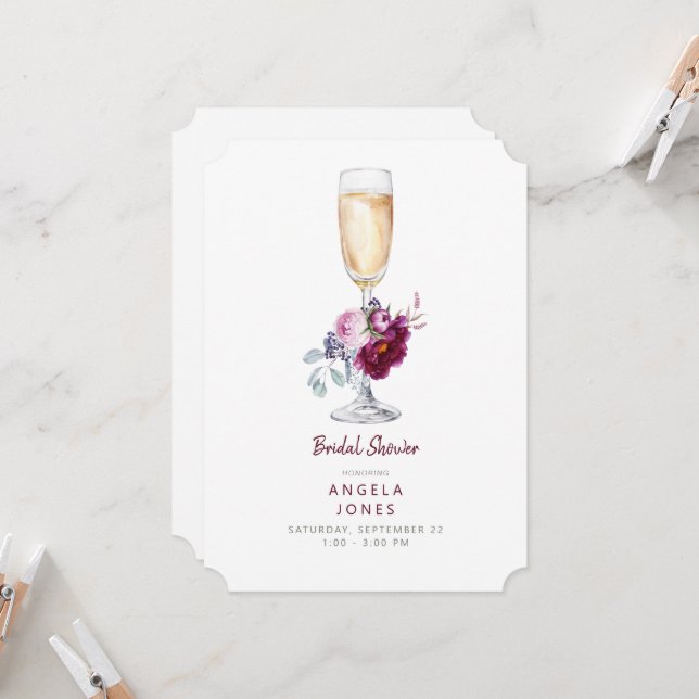 Pink & Burgundy Peony Champagne Bridal Shower Invitation (Front/Back In Situ)