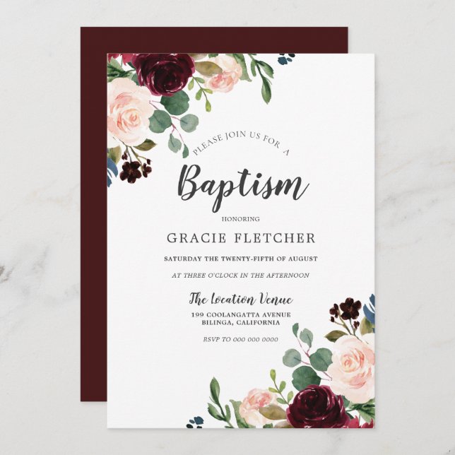 Pink & Burgundy Red Flowers Baptism Christening Invitation (Front/Back)