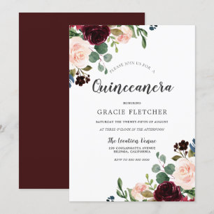 Pink & Burgundy Red Flowers Quinceanera Party Invitation