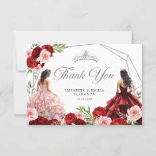 Pink Burgundy Red Twins Royal Princesses 15 Años Thank You Card