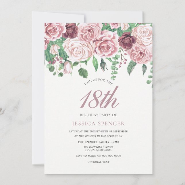 Pink Burgundy Rose 17th 18th 19th  Birthday Invite (Front)
