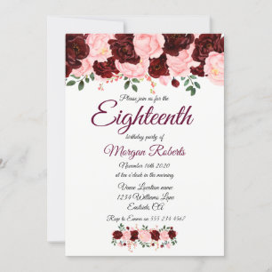 Pink Burgundy rose 18th birthday party invite