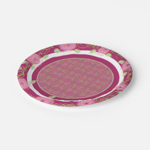 Pink Burgundy Rose And Green Paper Plates
