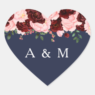 Pink Burgundy Rose Floral Navy Blue Wedding Heart Sticker