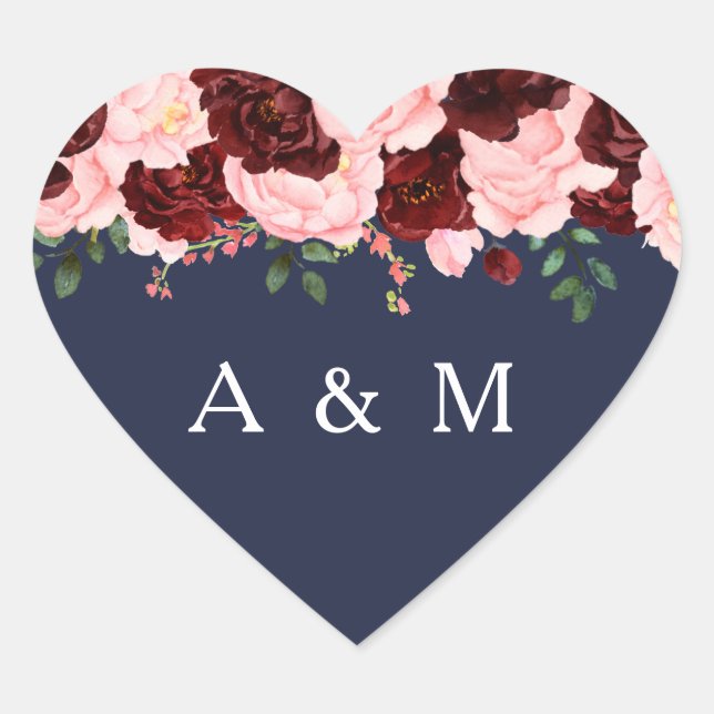 Pink Burgundy Rose Floral Navy Blue Wedding Heart Sticker (Front)
