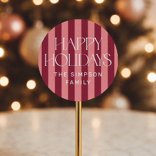 Pink & Burgundy Stripes Happy Holidays Christmas Classic Round Sticker