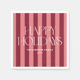 Pink & Burgundy Stripes Happy Holidays Christmas Napkin