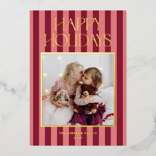 Pink & Burgundy Stripes Modern Christmas Photo Foil Holiday Card
