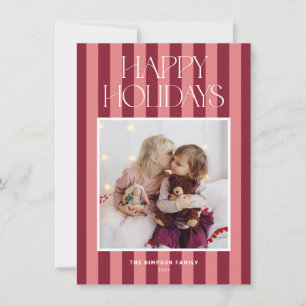 Pink & Burgundy Stripes Modern Christmas Photo Holiday Card