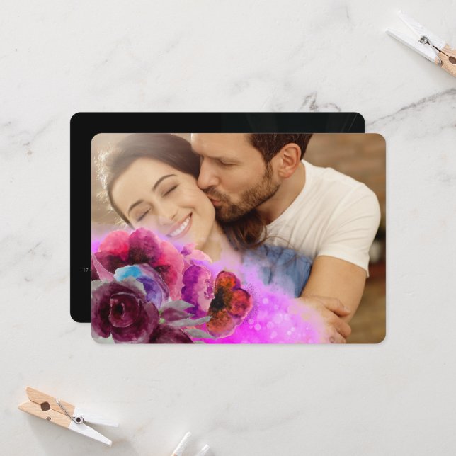 Pink Burgundy Watercolor Floral 2 Photos Wedding Invitation (Front/Back In Situ)