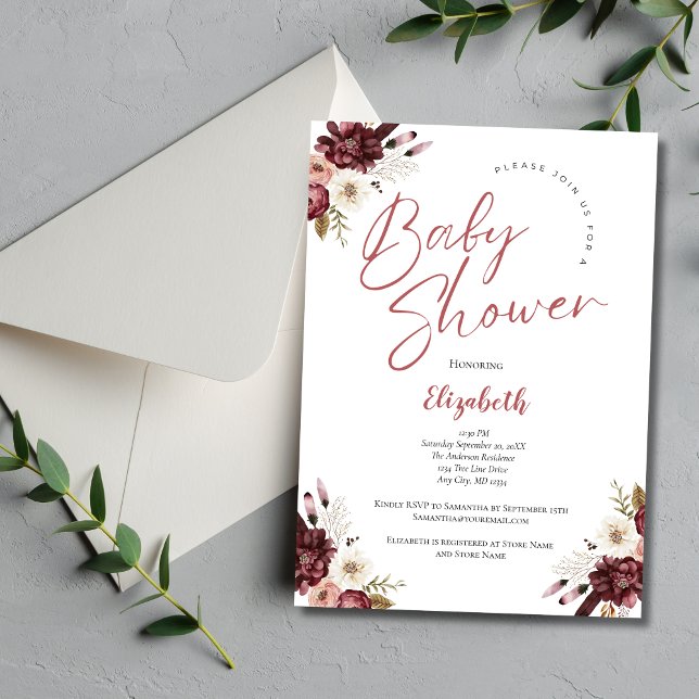 Pink Burgundy Watercolor Floral Baby Shower Invitation (Pink Burgundy Floral Baby Girl Baby Shower Invitation. Printed or Instant Digital Download)