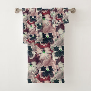 Pink, burgundy watercolor flowers bath towel set