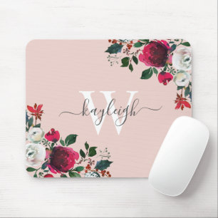 Pink Burgundy Watercolor Rose Floral Monogrammed Mouse Pad