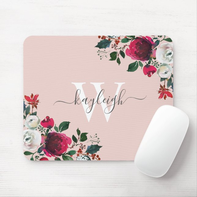 Pink Burgundy Watercolor Rose Floral Monogrammed Mouse Pad (With Mouse)