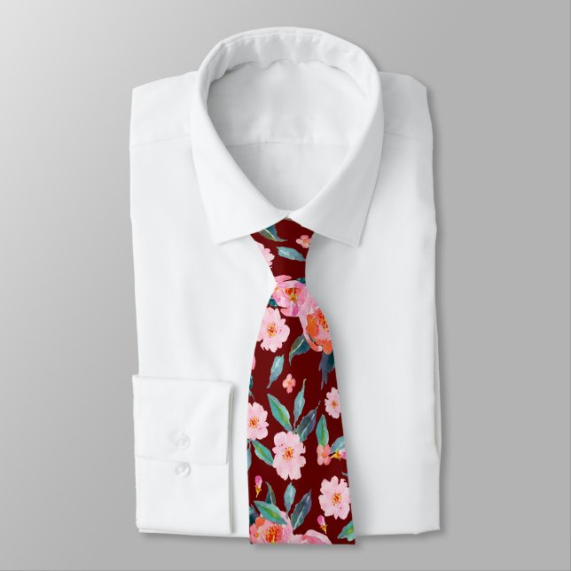 Pink Burgundy Watercolor Rose Pattern Wedding Tie (Tied)