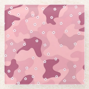 Pink Burgundy White Flowers Camo Glass Coaster