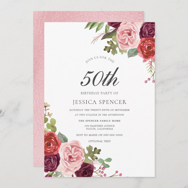 Pink & Burgundy Womans 50th Birthday Party Invite (Front/Back)