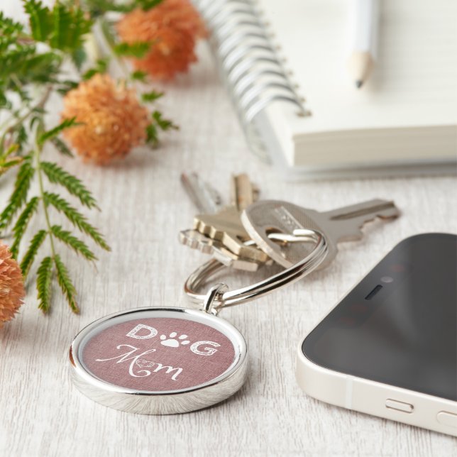 Pink Burlap Dog Mum Metal Keychain (Side)