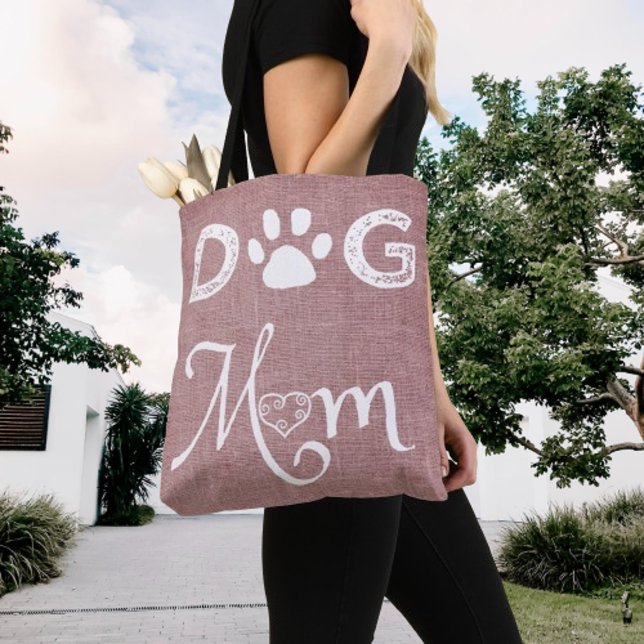 Pink Burlap Dog Mum Tote Bag (Pink Burlap Dog Mom Tote Bag)