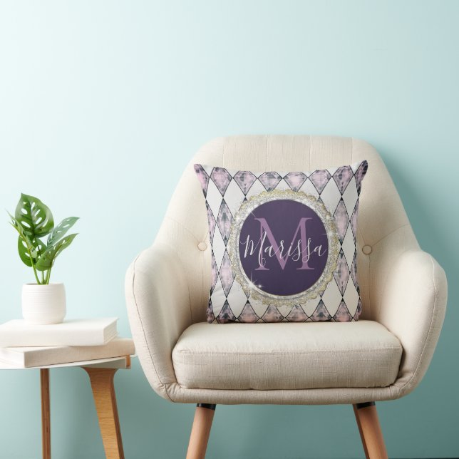 Pink Bush Harlequin Monogram Glitter Cushion (Chair)