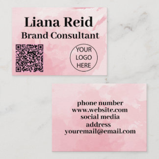 Pink business card with qr code and logo