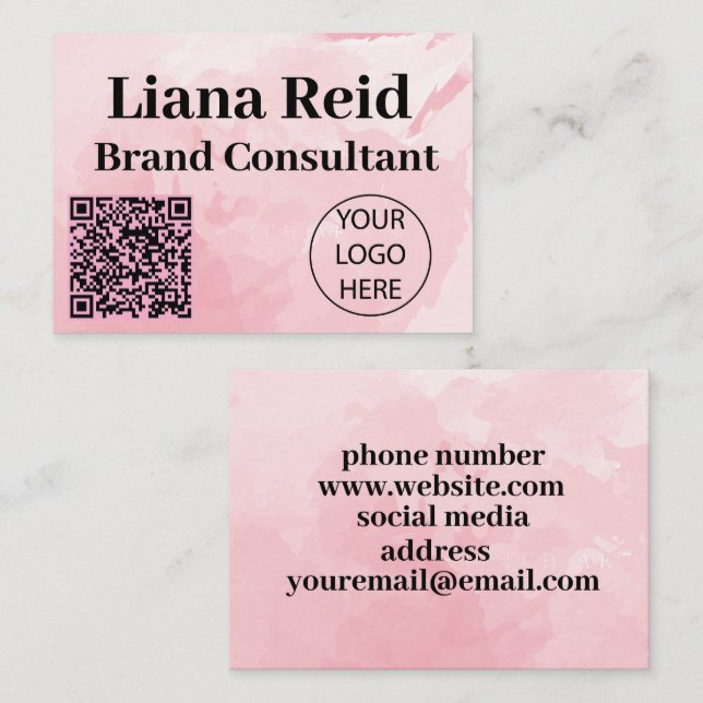 Pink business card with qr code and logo (Front/Back)
