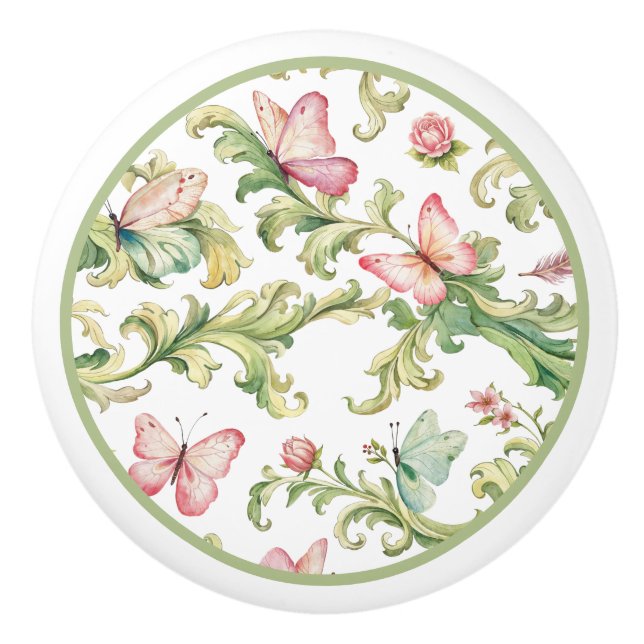Pink Butterflies and Acanthus Pattern Ceramic Knob (Front)