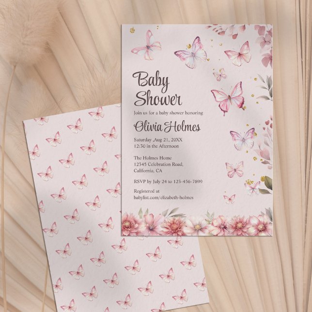 Pink Butterflies and Flower Garden Baby Shower Invitation (Pink Butterflies and Flower Garden Baby Shower Invitation)