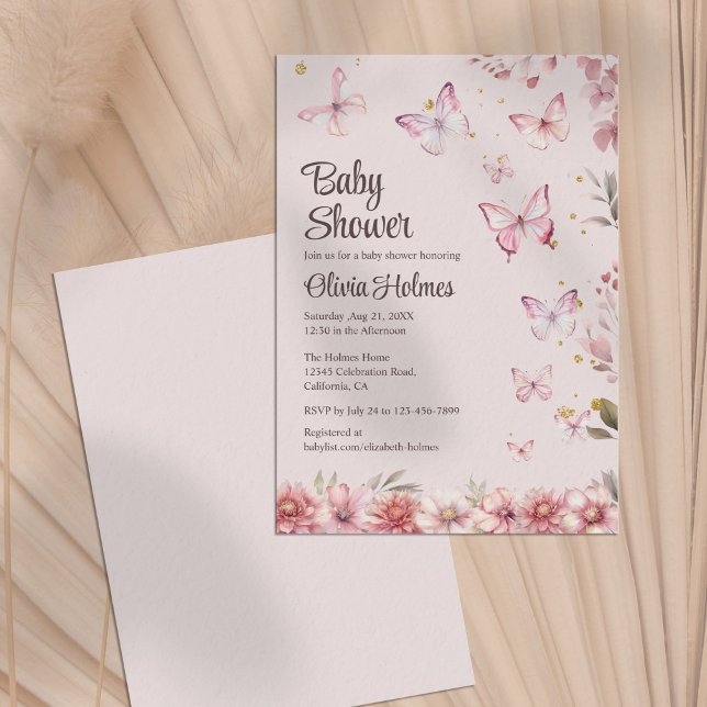 Pink Butterflies and Flower Garden Baby Shower Invitation (Pink Butterflies and Flower Garden Baby Shower Invitation)
