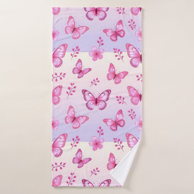 Pink butterflies and flowers pattern bath towel (Bath Towel)