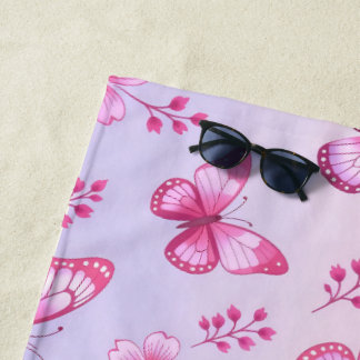 Pink butterflies and flowers pattern beach towel