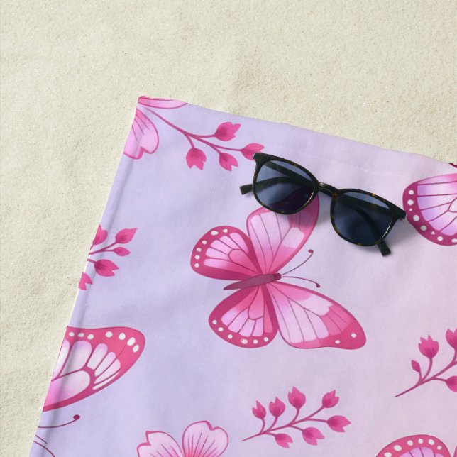 Pink butterflies and flowers pattern beach towel (In Situ)